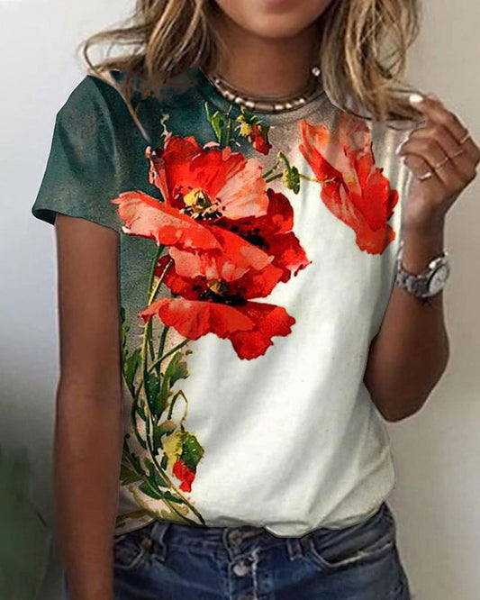 T-shirt à imprimé floral avec col rond et manches courtes