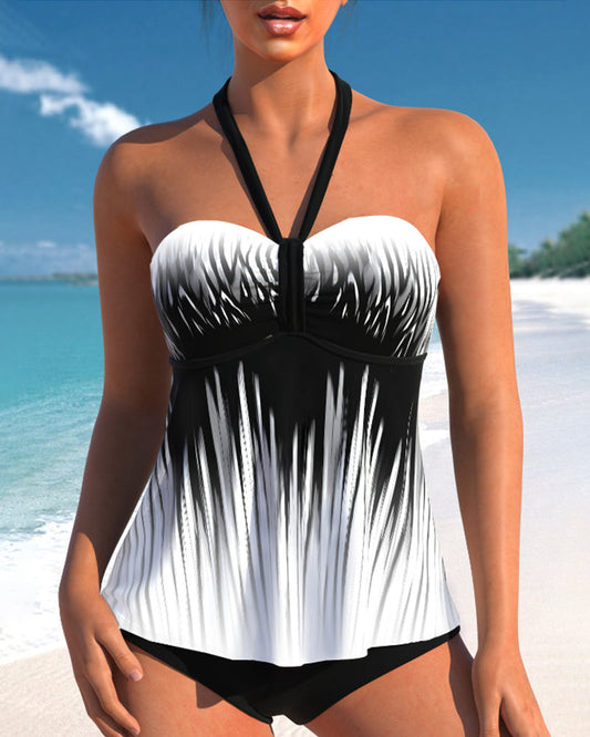 Ensemble de tankini dos nu à imprimé contrasté