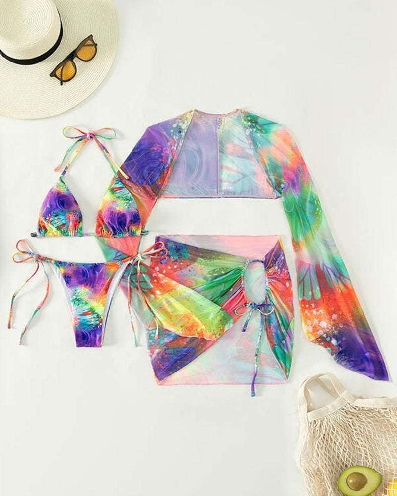 Ensemble de bikini trois pièces multicolore tie-dye