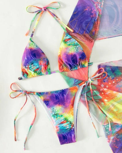 Ensemble de bikini trois pièces multicolore tie-dye