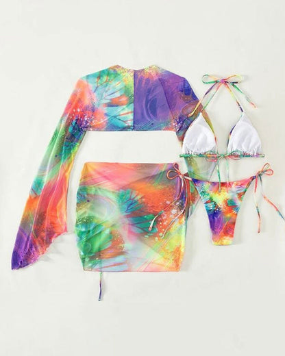 Ensemble de bikini trois pièces multicolore tie-dye