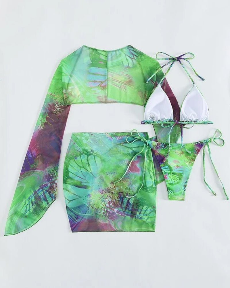 Ensemble de bikini trois pièces multicolore tie-dye