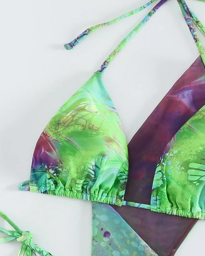 Ensemble de bikini trois pièces multicolore tie-dye