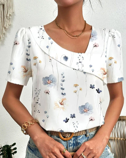 T-shirt à encolure en biais et imprimé floral