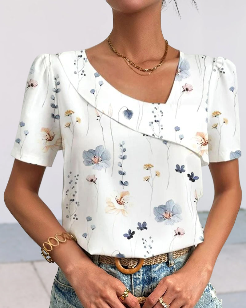 T-shirt à encolure en biais et imprimé floral