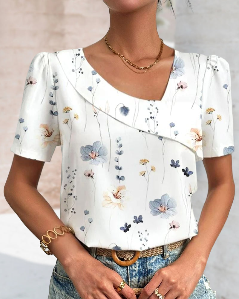 T-shirt à encolure en biais et imprimé floral