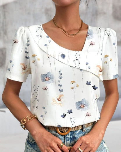 T-shirt à encolure en biais et imprimé floral