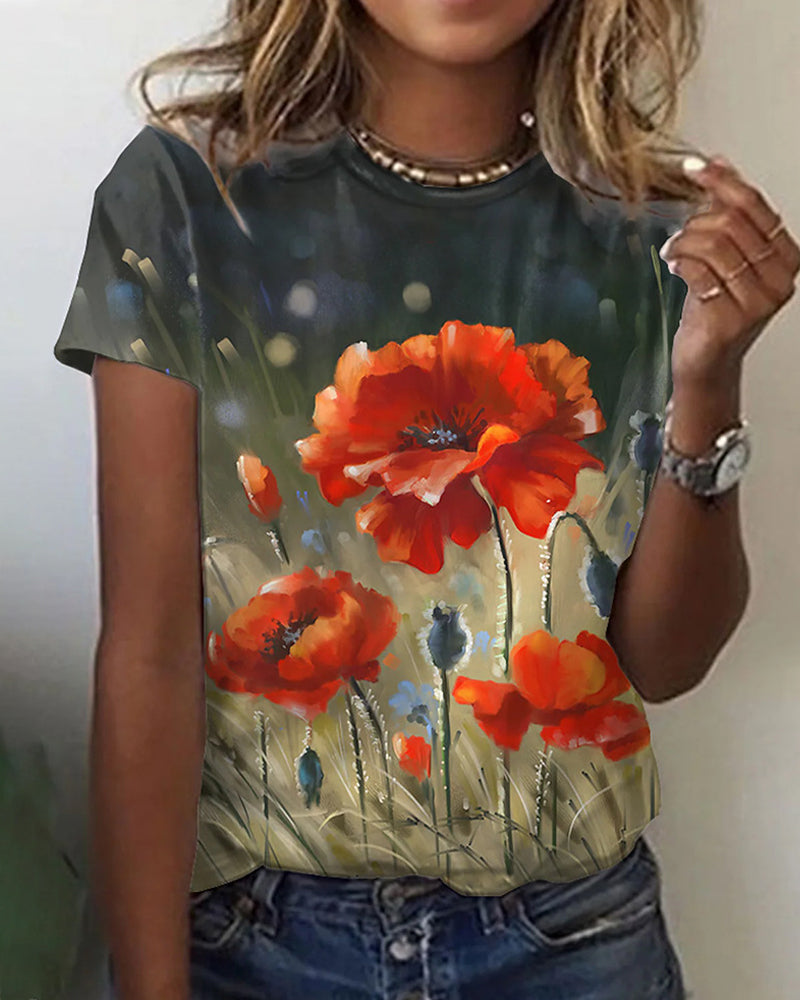 T-shirt à imprimé floral avec col rond et manches courtes