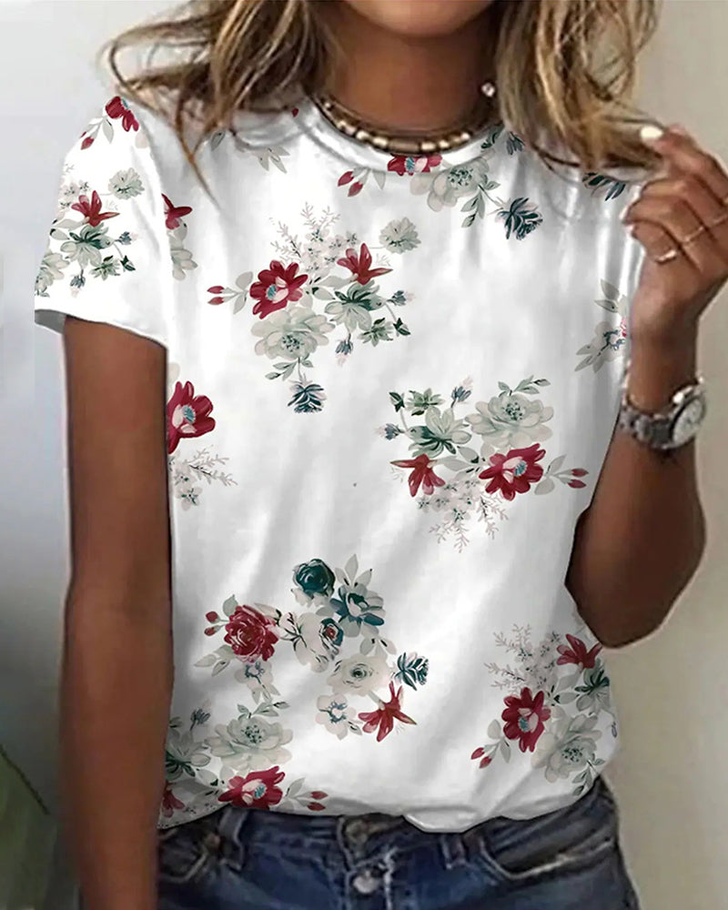 T-shirt à imprimé floral avec col rond et manches courtes