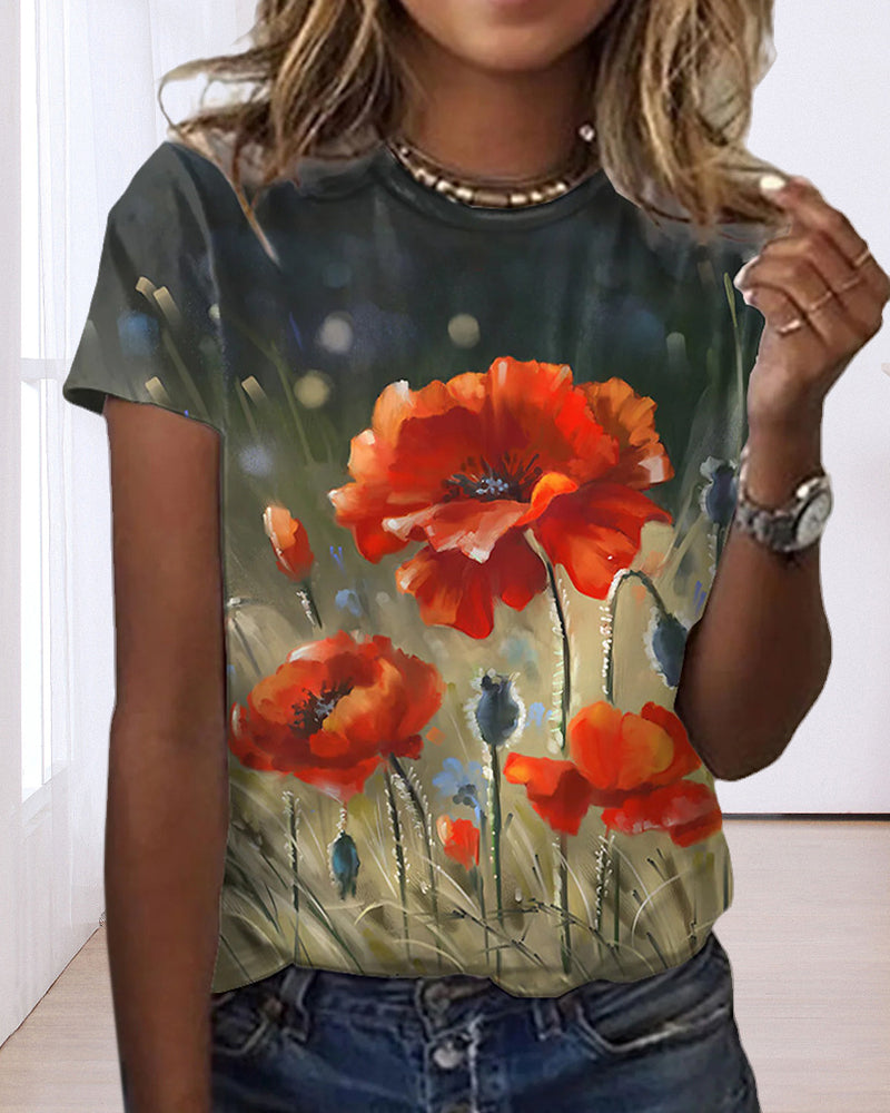 T-shirt à imprimé floral avec col rond et manches courtes