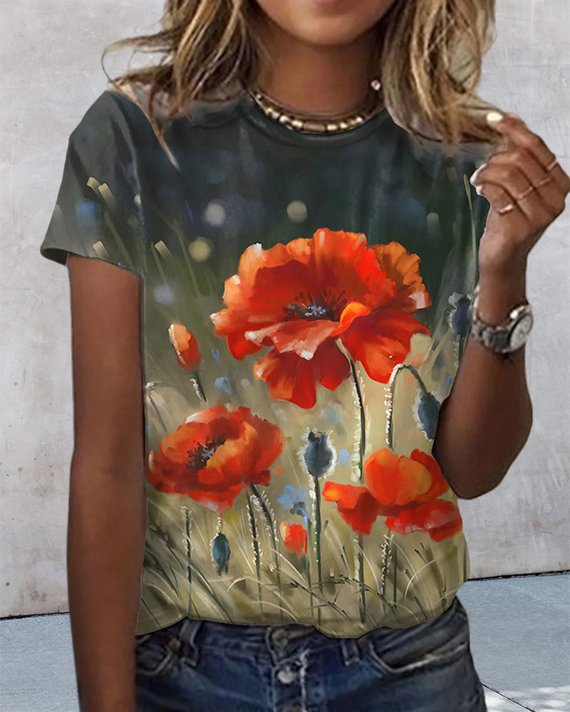 T-shirt à imprimé floral avec col rond et manches courtes