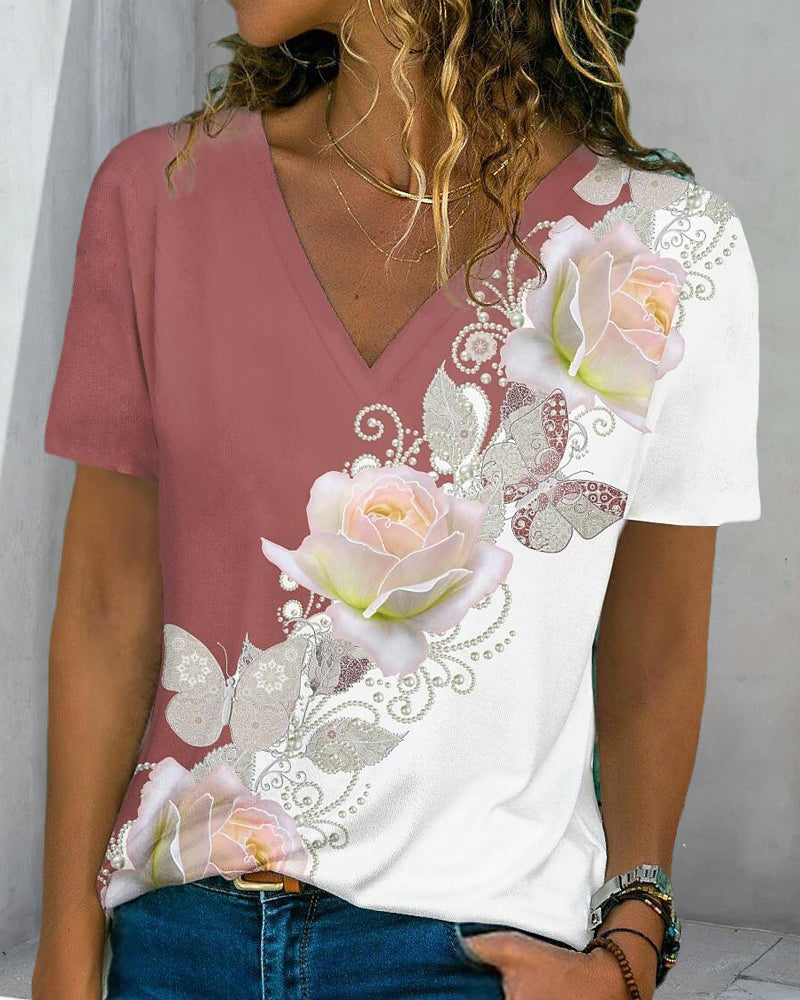 T-shirt à col en v à imprimé floral