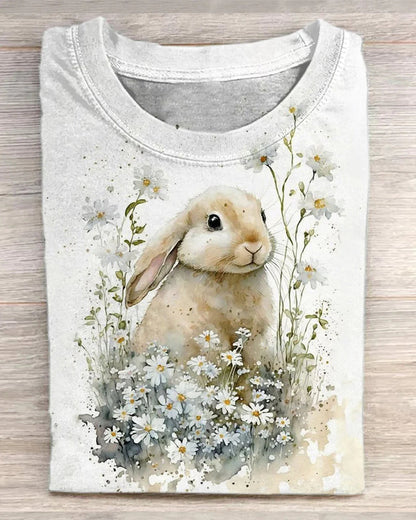 T-shirt col rond décontracté imprimé lapin