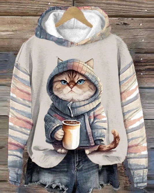 Sweat-shirt à capuche avec imprimé chat et manches longues