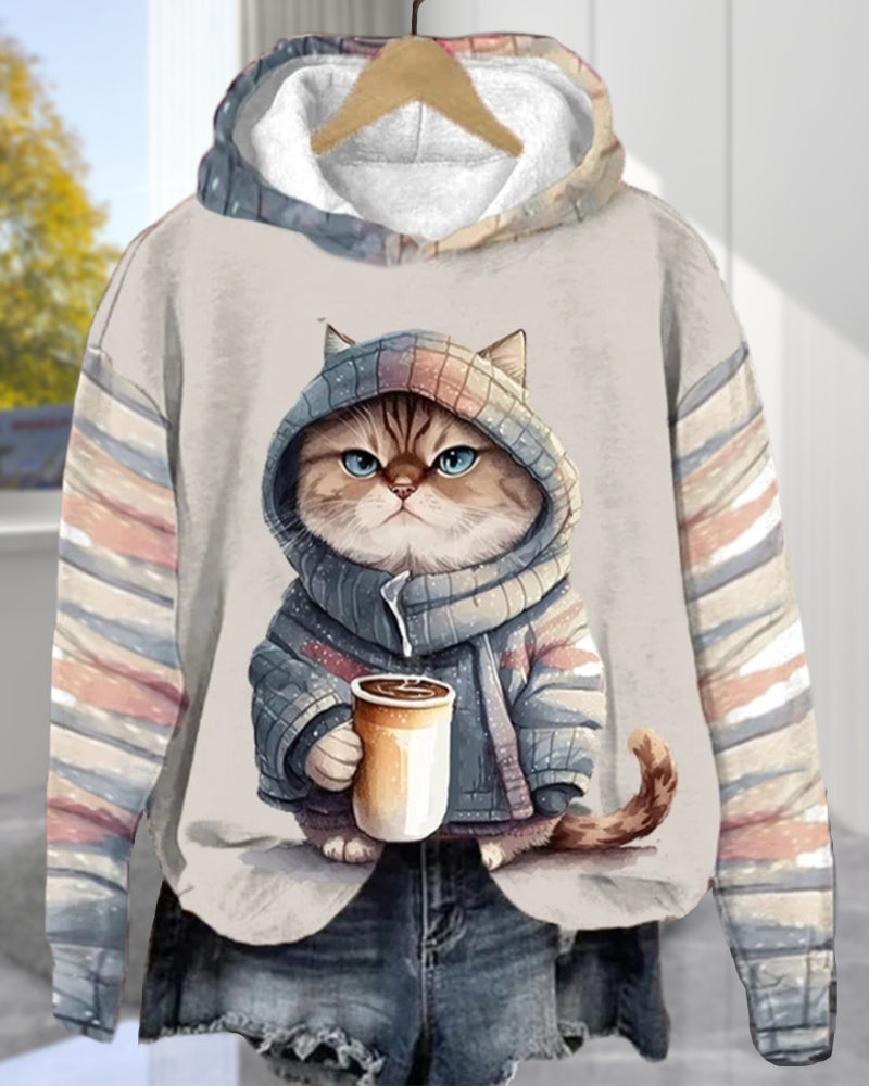 Sweat-shirt à capuche avec imprimé chat et manches longues