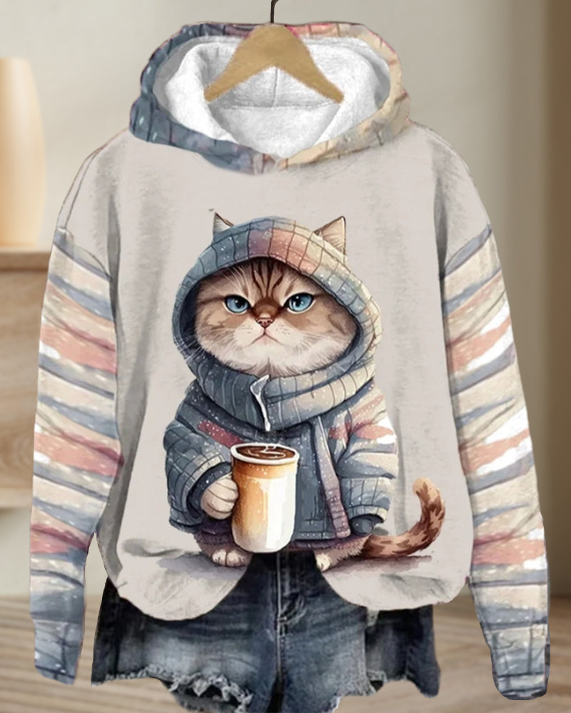 Sweat-shirt à capuche avec imprimé chat et manches longues