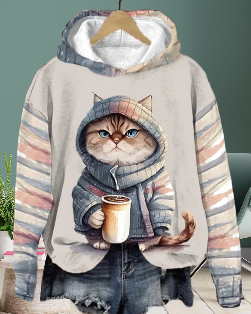 Sweat-shirt à capuche avec imprimé chat et manches longues